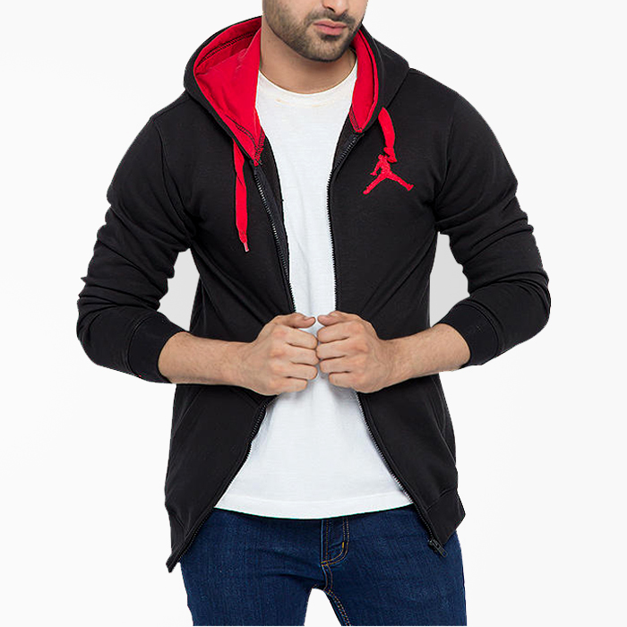 Black Fleece Stylish Zipper Hoodie With Red Contrast in Pakistan