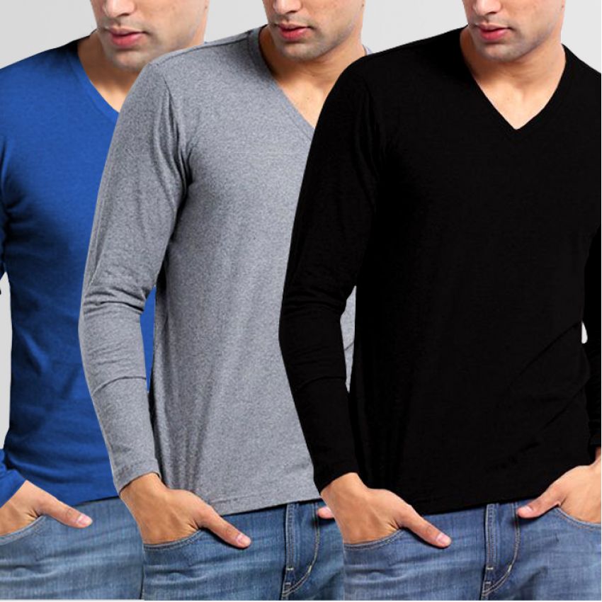 1 Bundle Of 3 V-Neck Full Sleeves T-Shirt in Pakistan | Hitshop.pk